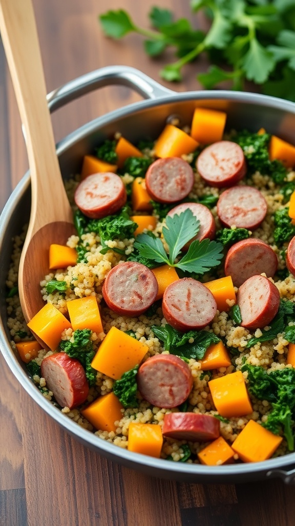 A colorful quinoa skillet with butternut squash, chicken sausage, and kale, garnished with parsley.